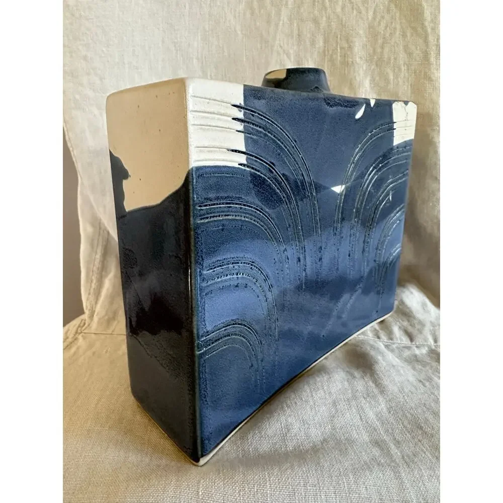 Blue Swirl Vase Rectangle Hand painted signed modern one flower 7x8.5x2.5”Asian